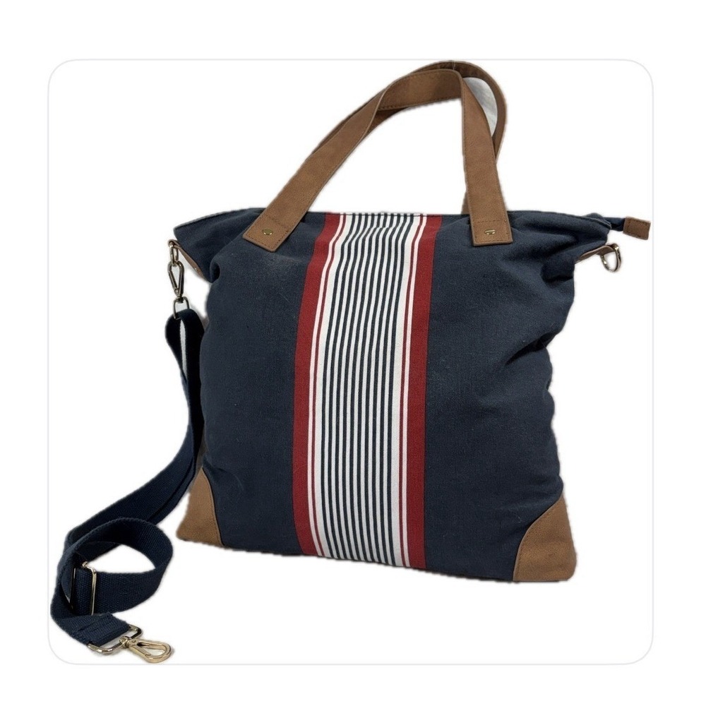 Merona Tote Bag Womens Large Navy‎ Red &White Striped Canvas Faux Leather Trim